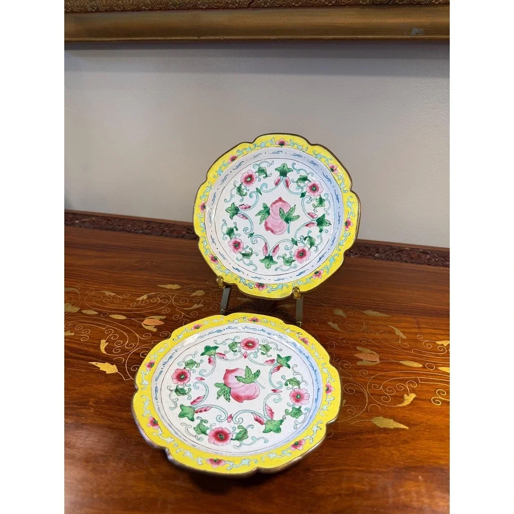 Pair Vintage Chinese Canton Enamel Copper Plates Peach Floral 6
